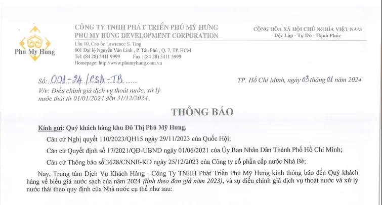 Thông báo về biểu giá nước sạch năm 2024 và điều chỉnh giá dịch vụ thoát nước và xử lý nước thải
