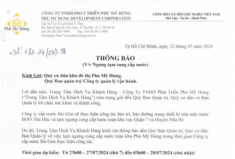 Thông báo tạm ngưng cung cấp nước toàn khu Phú Mỹ Hưng