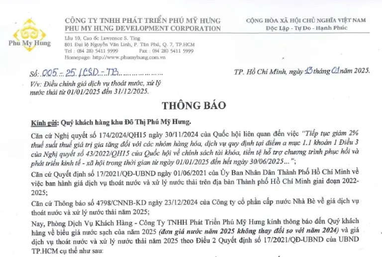Thông báo điều chỉnh giá của dịch vụ thoát nước và xử lý nước thải từ 01/01/2025 đến 31/12/2025