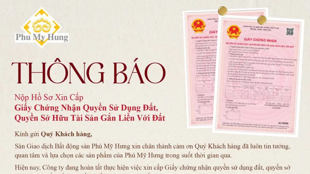 Thông báo về việc nộp hồ sơ xin cấp Giấy chứng nhận quyền sử dụng đất, quyền sở hữu tài sản gắn liền với đất